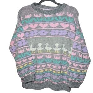 Arielle 80's Gray Pastel Goose Duck Hearts Flowers Crewneck Sweater Women's M/L